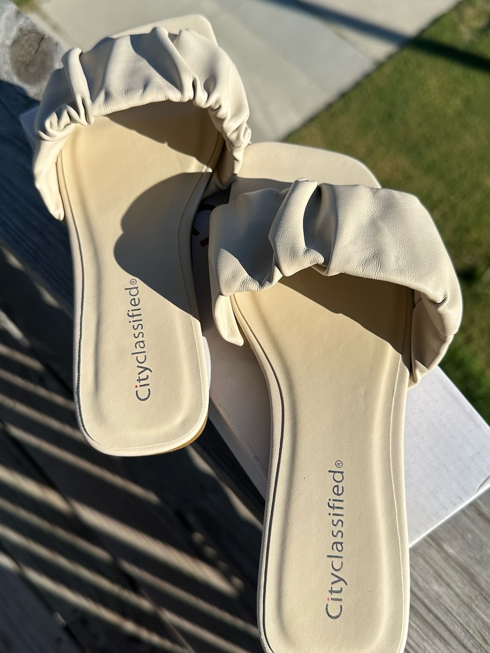 Cityclassified Neutral Ruched Slide Sandals in Cream - Picture 2 of 6